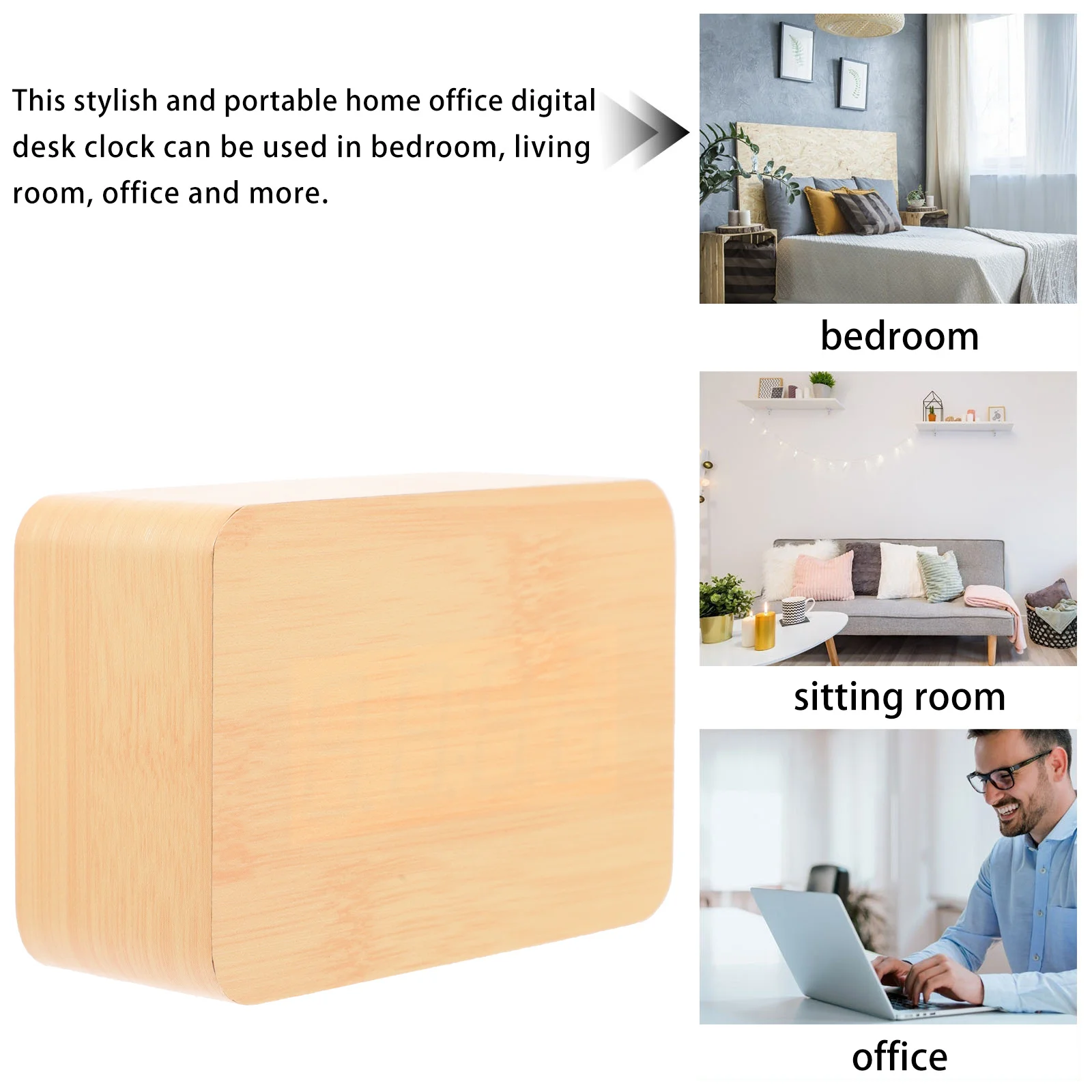 

Digital Alarm Clock Bamboo Wood 12.4X10X6.6Cm White Led Display Thermometer Time Voice Control Switch Dual Power Usb