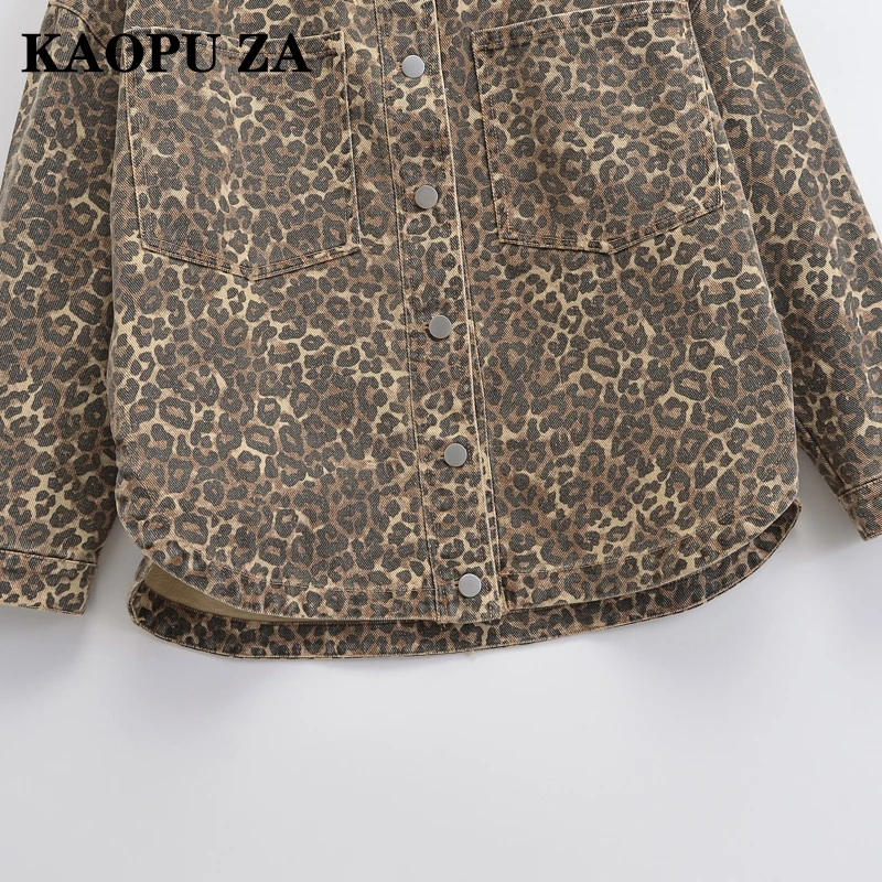 KAOPU ZA 2024 Women\'s Notched Collar Leopard Print Shirt Jacket Long Sleeve Casual Denim Vintage Fall New Fashionable Jacket