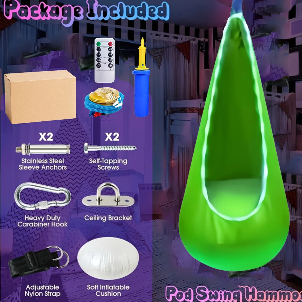 Assento de balanço infantil com luz LED Cadeira de balanço sensorial infantil Cadeira de rede de terapia interna e externa com kit de cabide para TDAH