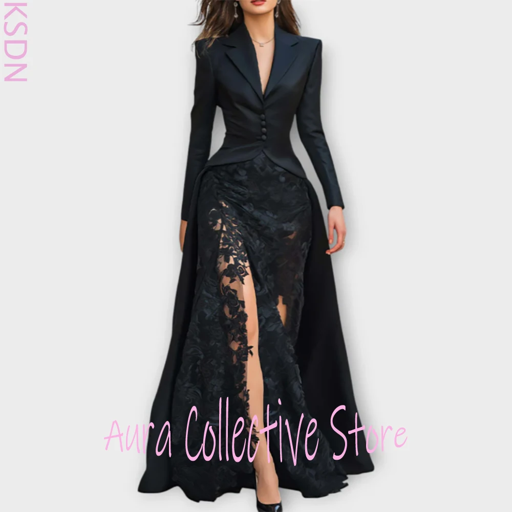 Robe Blazer élégante en Satin noir avec jupe fendue en dentelle, revers cranté, simple boutonnage, manches longues, Illusion formelle, robe de soirée pour femmes