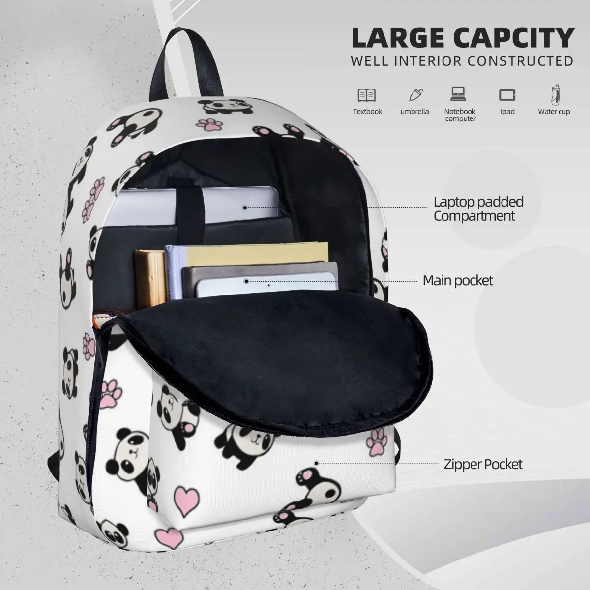 Mochilas animal panda bonito, Grande capacidade Student Book Bag, Bolsa de ombro, Mochila para laptop, Saco de escola infantil impermeável