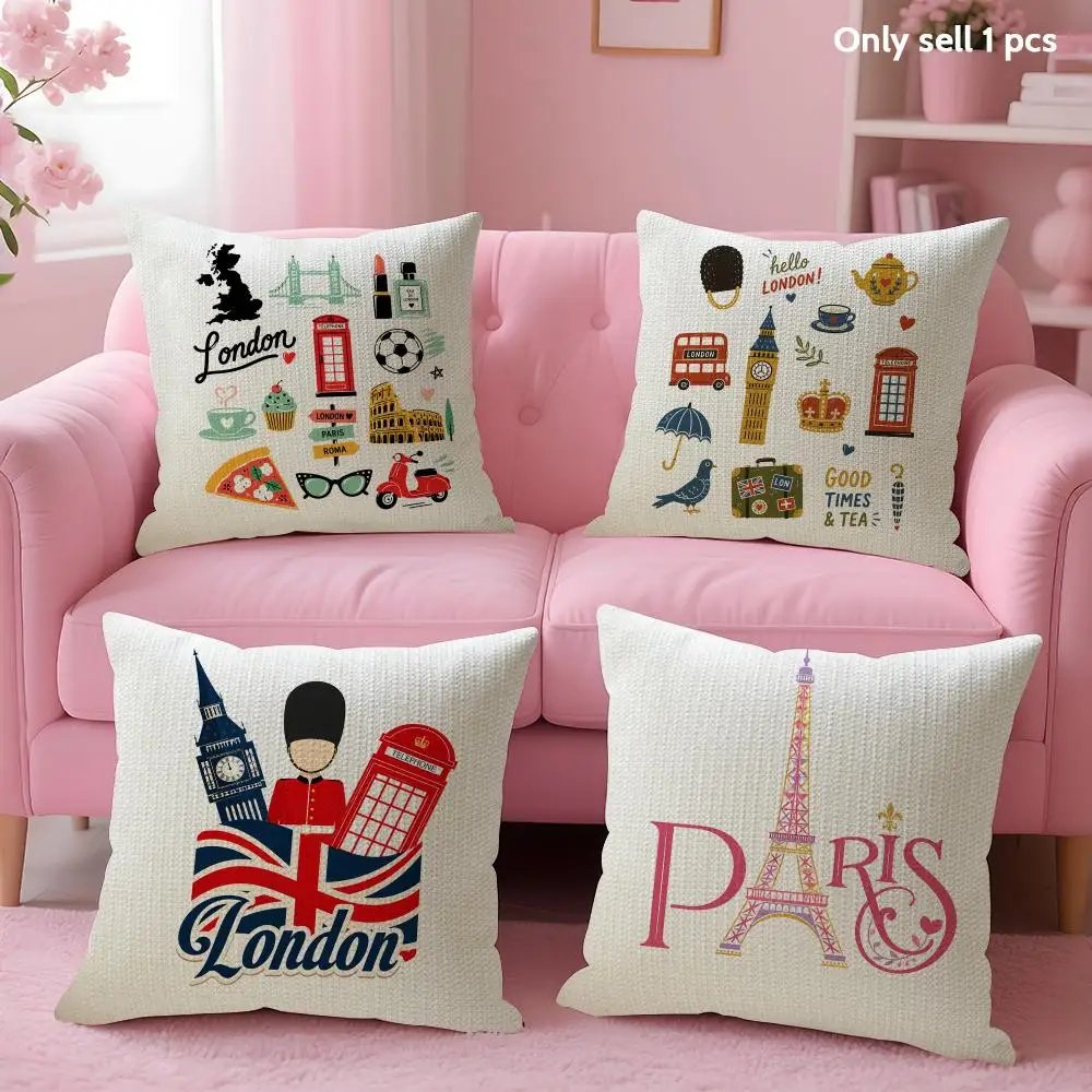 London UK Paris Cushion Cover Linen Organic Fabric Double-Sided Printing Sofa Breathable Home Decor Gift Pillow Case