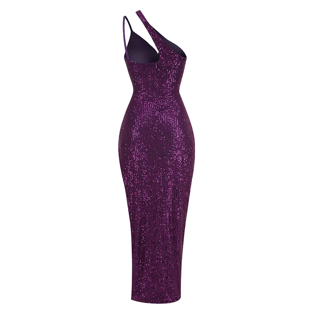 Vestido bodycon de lantejoulas sexy de um ombro feminino, vestido de meia panturrilha, elegante vestido de noite, celebração da festa, cor roxa, novo, primavera, 2022