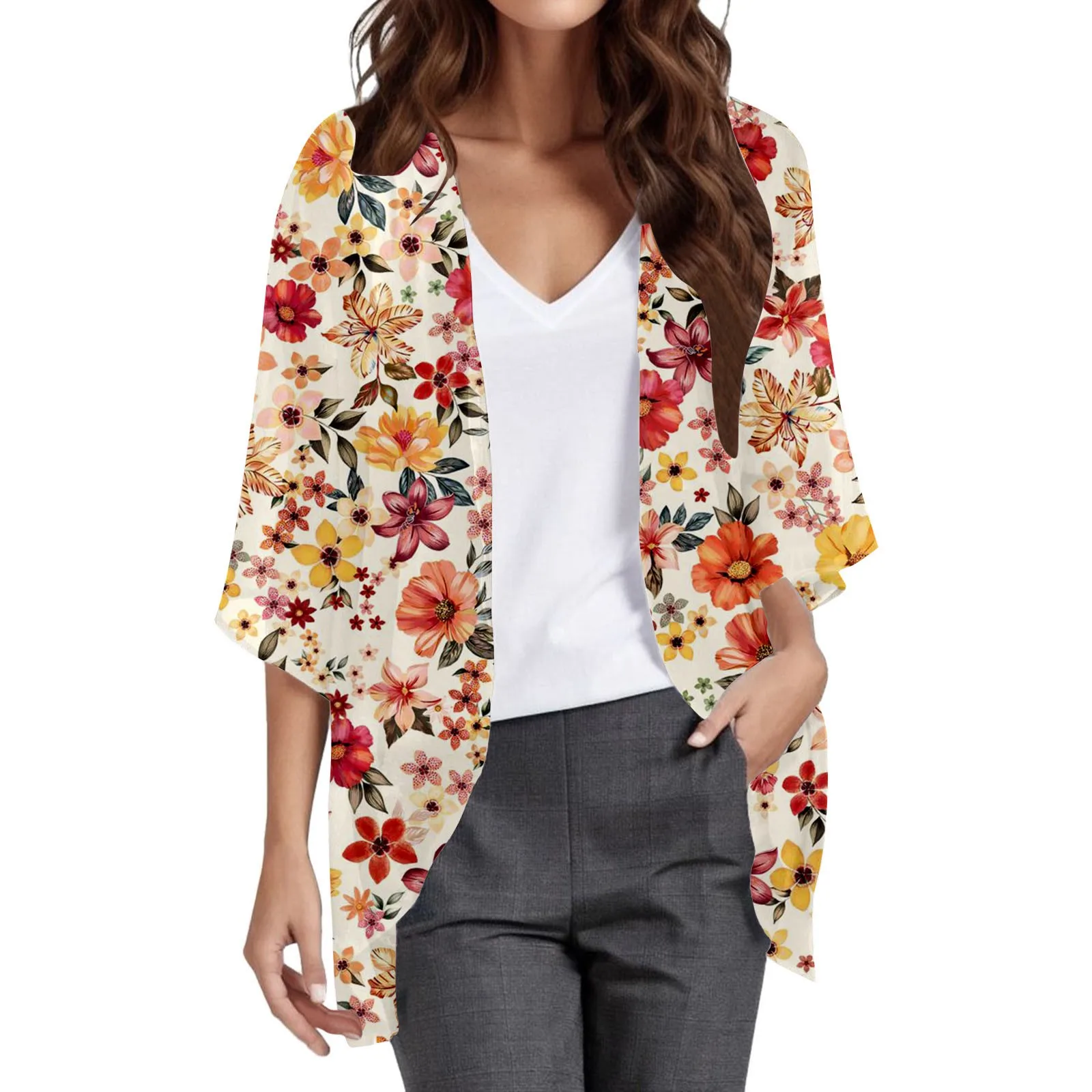 Womens Floral Print Puff Sleeve Buttons Cardigan Cover Up Casual Blouse Tops Chiffon Shirt Button up Chiffon Blouse