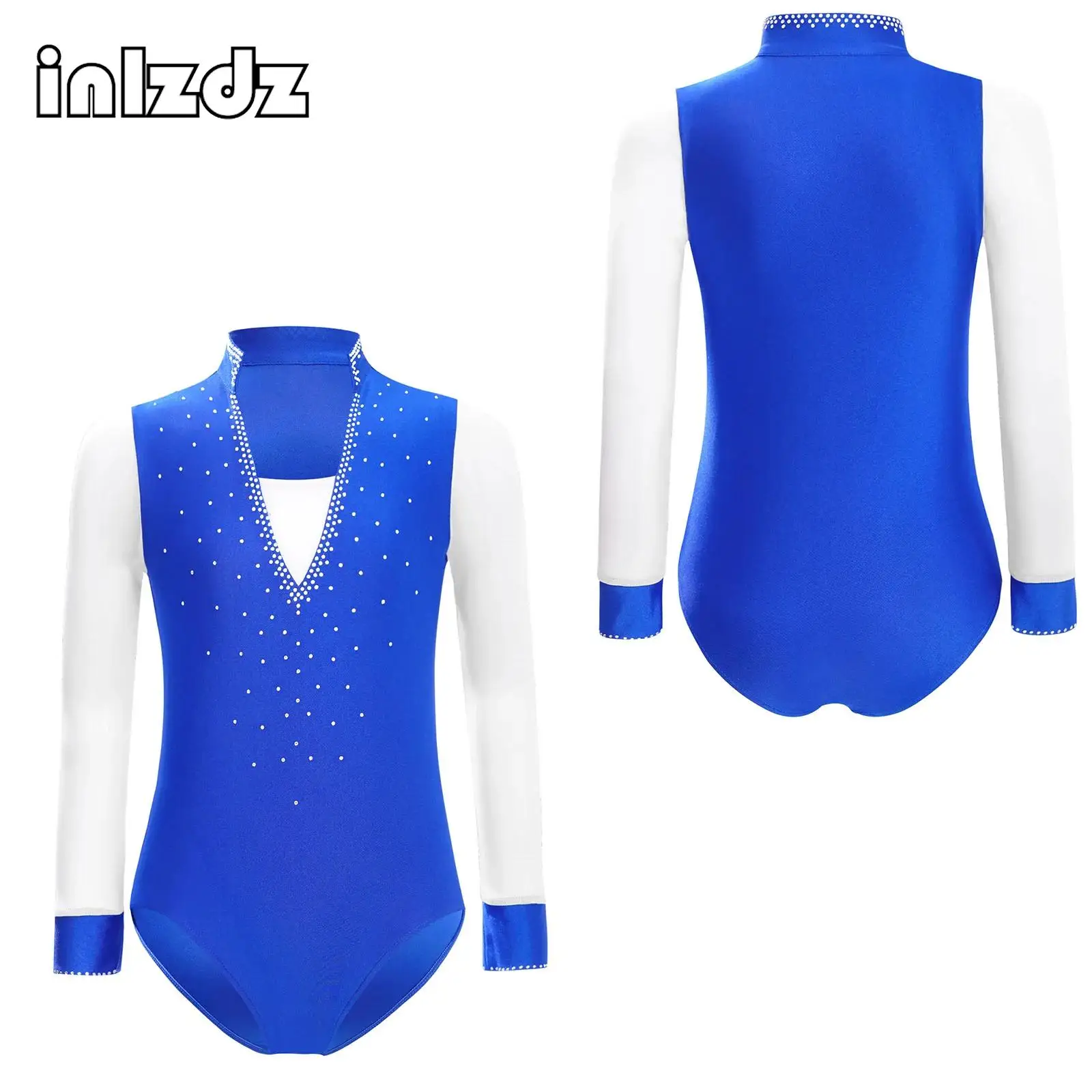 

Kids Boys Figure Skating Ballroom Dance Leotard Sheer Mesh Long Sleeve Shiny Rhinestones Stage Performance Costume Dancewear