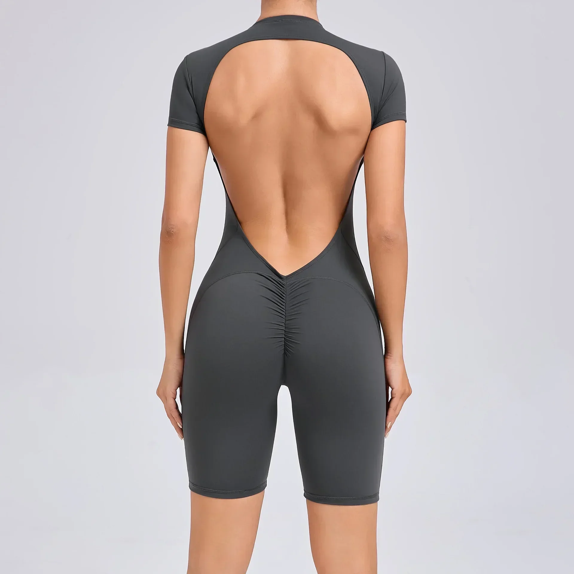 Seamless Yoga Jumpsuits Sports Fitness Hip-lifting Zipper Backless Short-Sleeved Dance One-piece Workout Gym Tracksuit For Women