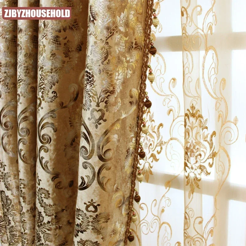 Borduurgordijnen voor woonkamer, eetkamer, slaapkamer, luxe gouden Europese print, hoge verduistering