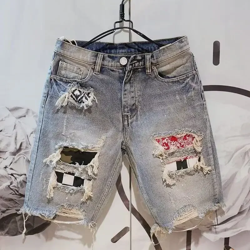

2025Summer New American Style Ripped Denim Shorts Men's Trendy Brand Thin Beggar Pants Scraped Five Quarter Pants Durable