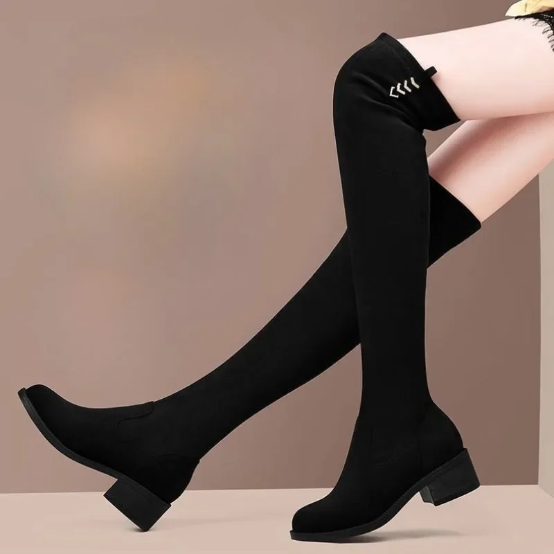 Knee High Shaft Shoes Woman Round Toe Thigh Fur Long Boots for Women Middle Heel Above Over The Footwear Waterproof Fashion 2024