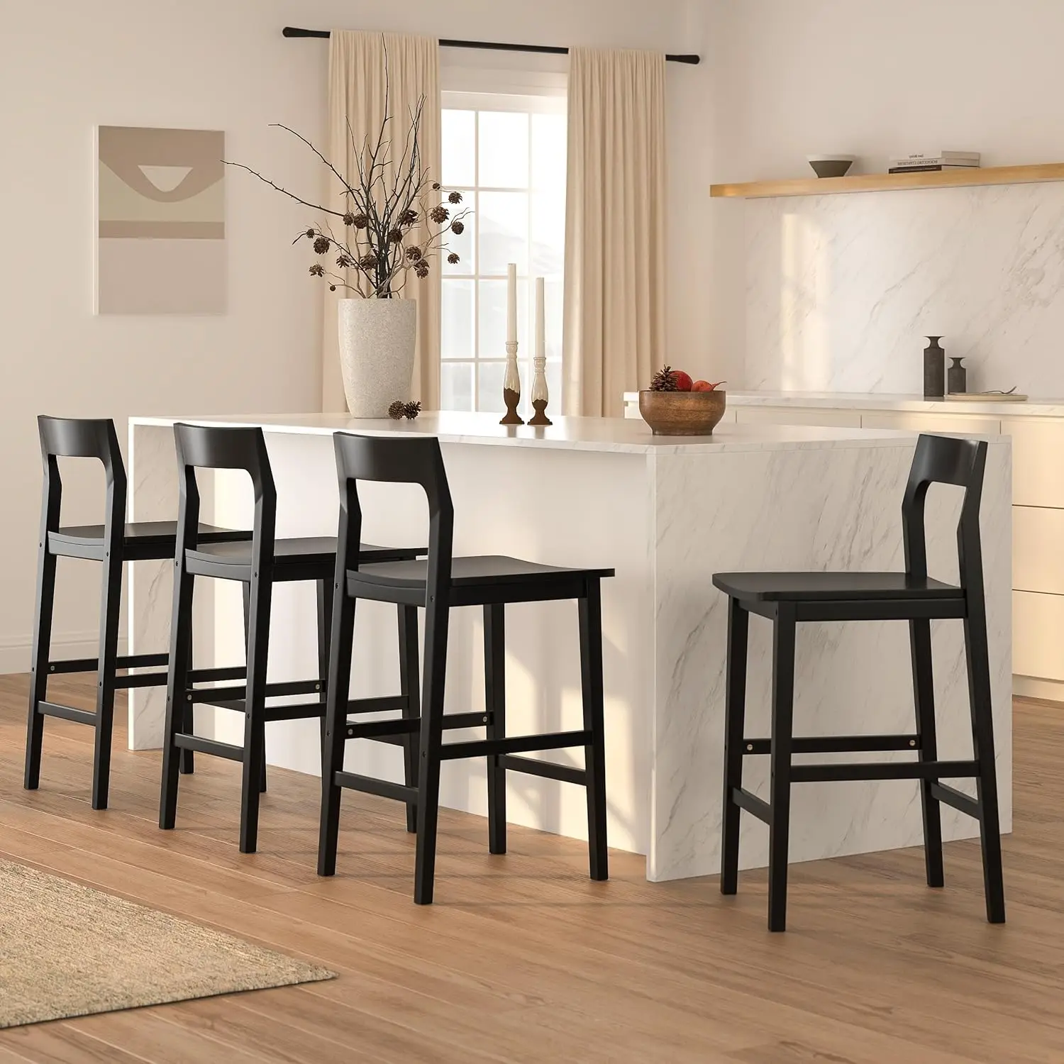 Modern Wood Barstools Set of 4, Counter Height Bar Stools Armless Farmhouse Wooden Bar Dining Chairs with Back & Footrest for Ki