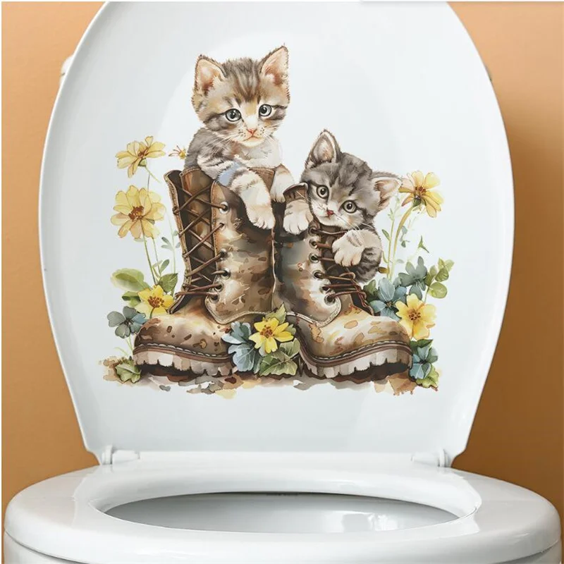 Creative Shoe Cat Sunflower Toilet Sticker Bathroom Decoration Wall Sticker Adorable Bathroom Decor Wall Self-Adhesive Art