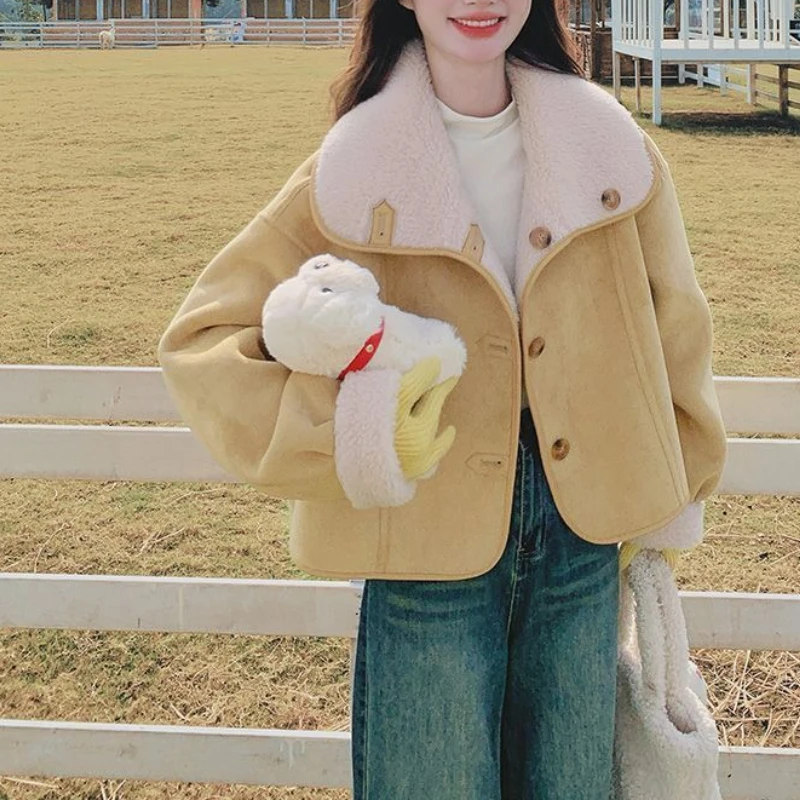 

Two Sided Fur One-piece Short Jacket for Women's Autumn and Winter New Style Age Reducing Lapel Small Lamb Wool Top