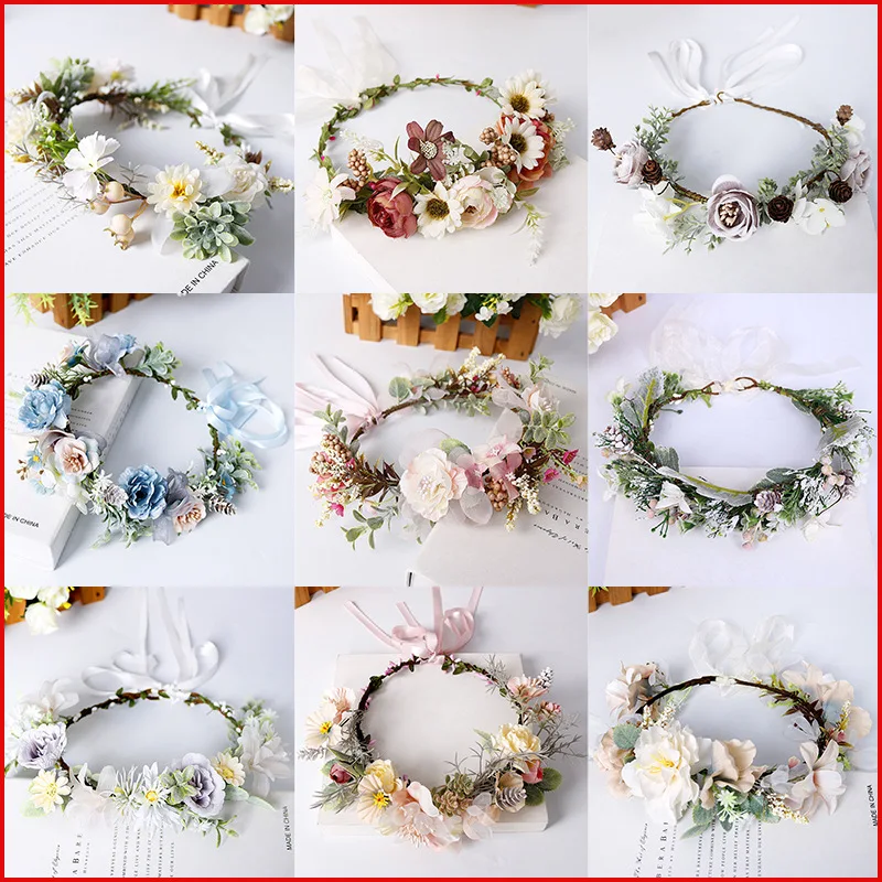 Girl Flower Wreath Hairband Bridal Headdress Vintage Bohemian Travel Vacation Simulation Flower Wreaths Headdress Wedding Decor