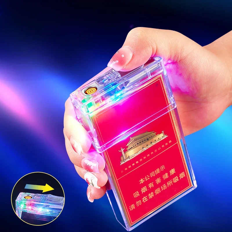 Transparent Colorful Light Cigarette Case Lighter USB Cigarette Lighter 20 Pack Slim Cigarette Case Sealed and Moisture-proof