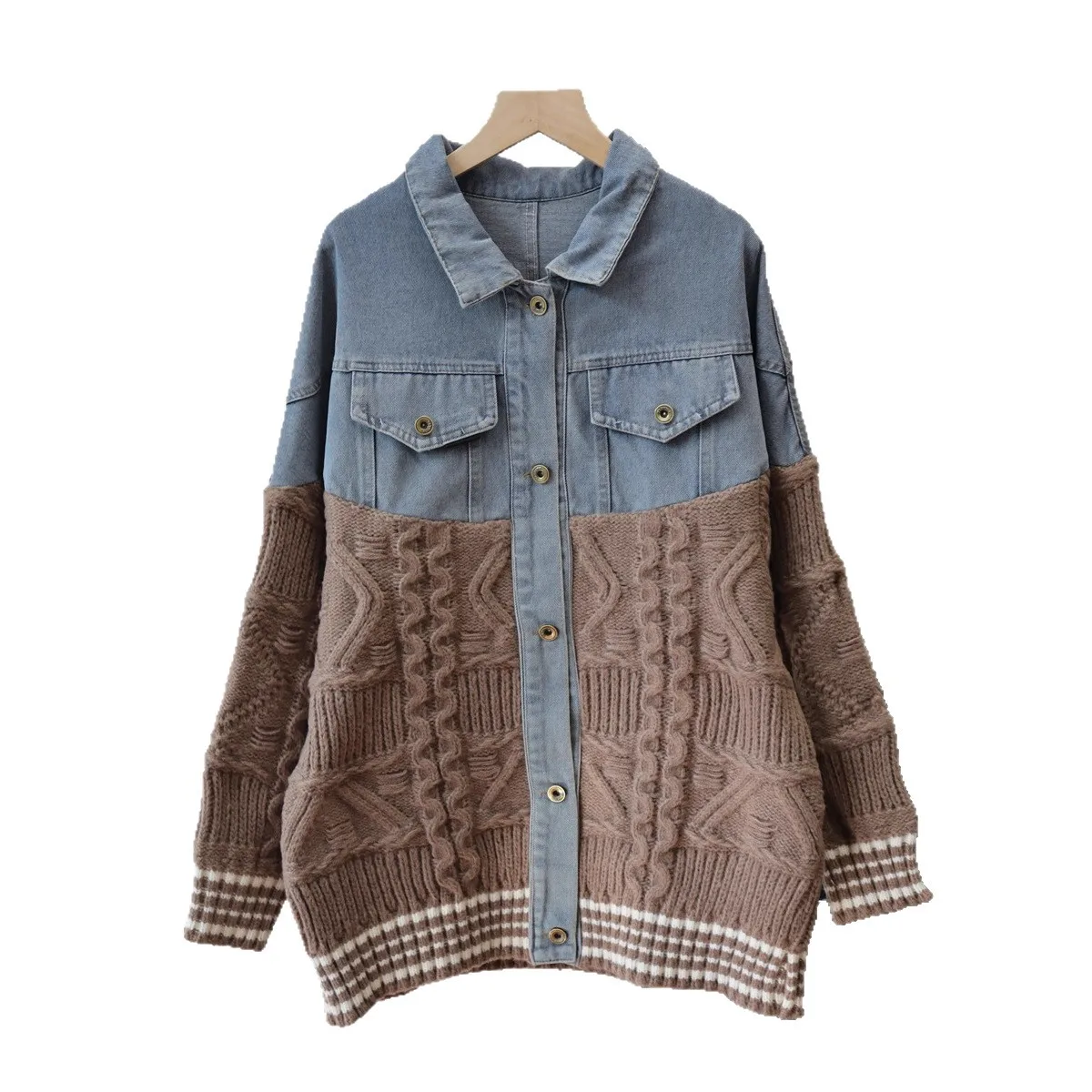 Mulheres denim malha cardigan camisola emendado jumper turn down collar manga longa único breasted solto casual 2025 outono inverno