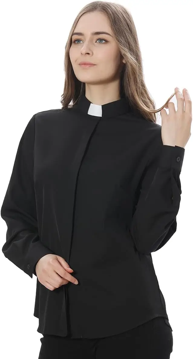 Camisa Priest Clergy para mulheres Pastor Tab Collar Lady Button Front Clerical Camisa de manga comprida