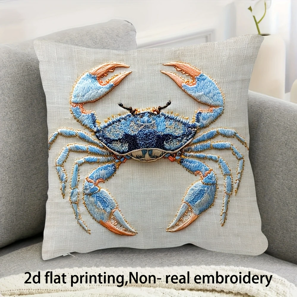 2D Blauer Krabben-Kissenbezug, Küsten- und Nautik-Stil, Leinen-Textur, Kissenhülle für Sofa, Couch, Strandhaus, Ozean-Heimdekoration