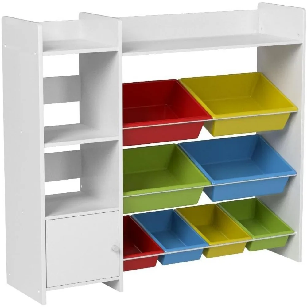 Organizer per riporre i giocattoli con libreria, scaffale per l'organizzazione della stanza dei giochi per bambini con contenitori colorati rimovibili e antiribaltamento