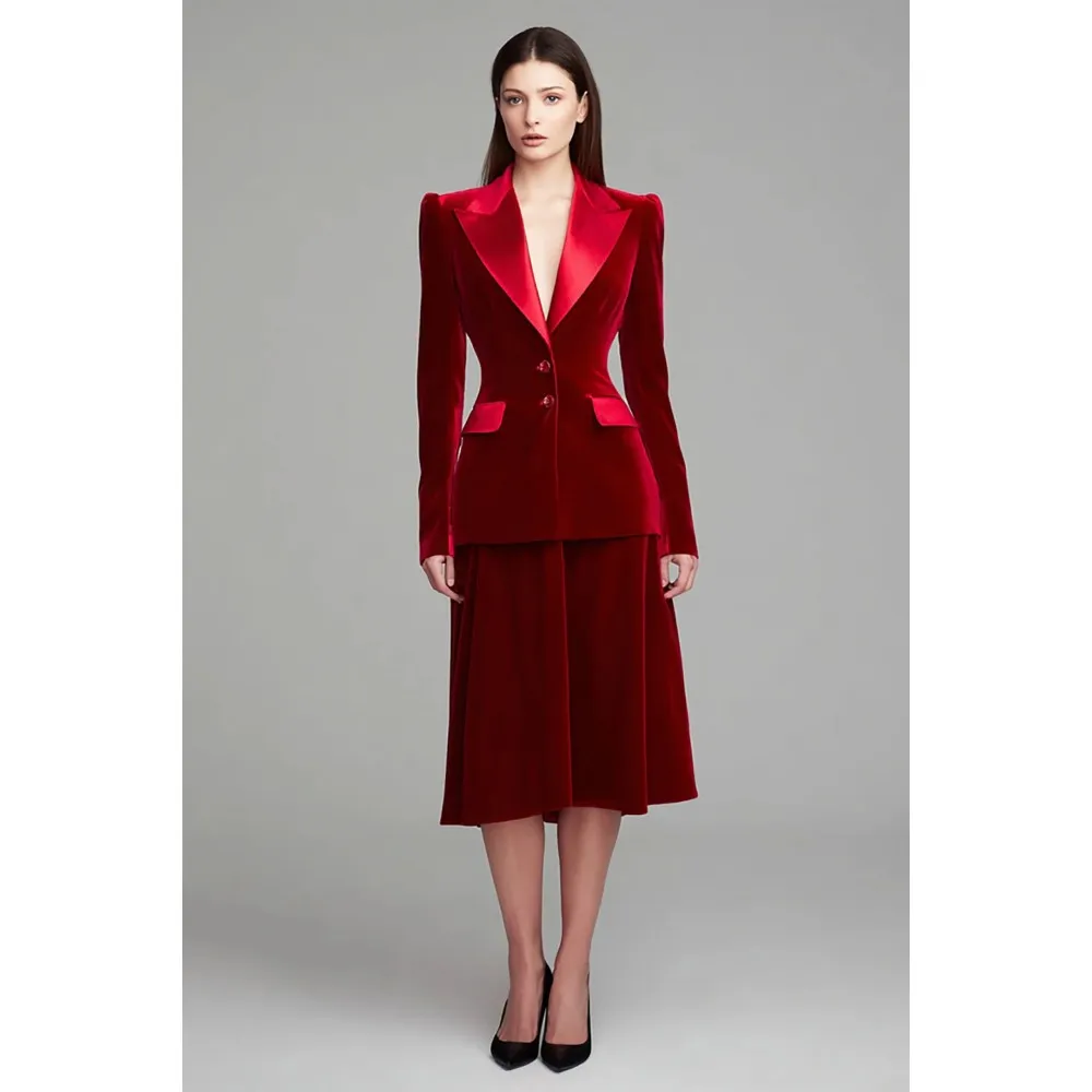 

Luxury Deep Red Women Velvet Suit Set 2026 New Arrival Padded Shoulder Slim Fit Blazer with Shiny Satin Lapel Evening Party Form