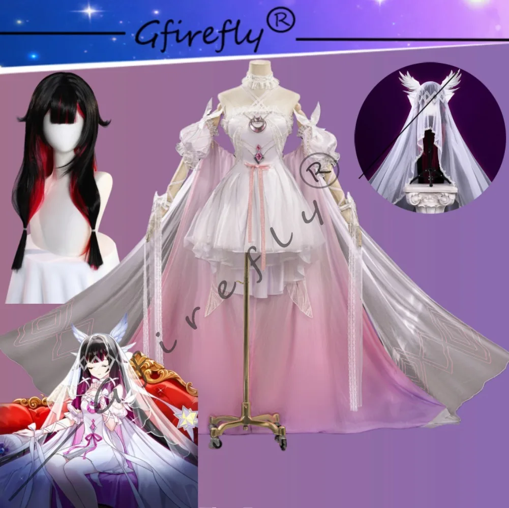 

The Game Moon Maiden Columbina Hyposelenia Cosplay Costume with A Delicate Pink Dress Veil Accessories Props Set Halloween