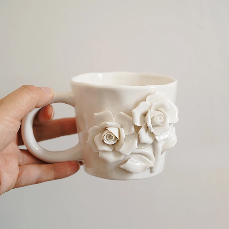 Romantic Valentine's Day Limited Handmade Rose Three-dimensional Flower Ceramic Coffee Cup Creative White Cup Wedding Gift