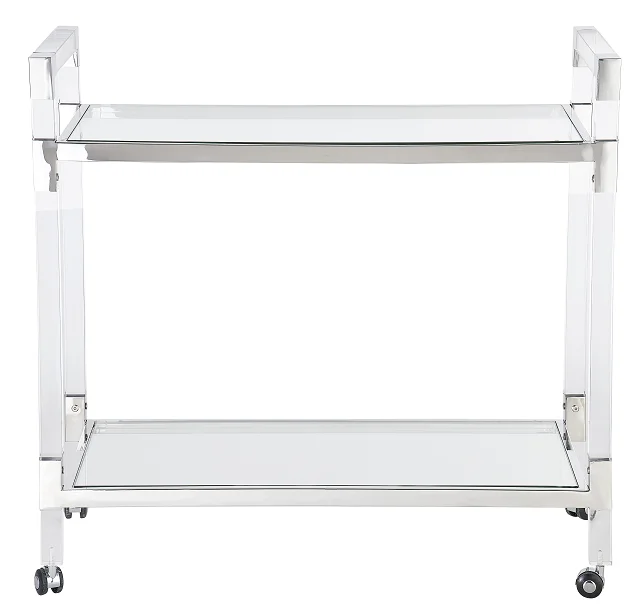 Custom Clear Acrylic Hotel Service Cart 4-Wheel Trolley Polished Silver Metal Handle 2 Shelves-Modern Design For Kitchen Use