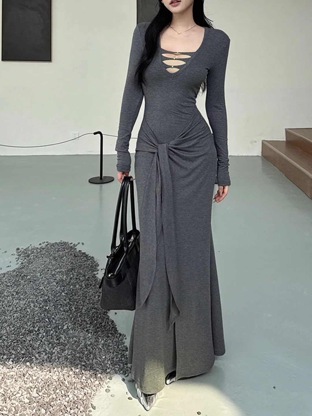 فستان نسائي غير رسمي رمادي مضلع منسوج فستان أنيق على شكل حرف v مقصوص غير منتظم على شكل حرف a صورة ظلية للحفلات المسائية فستان فيستدوس