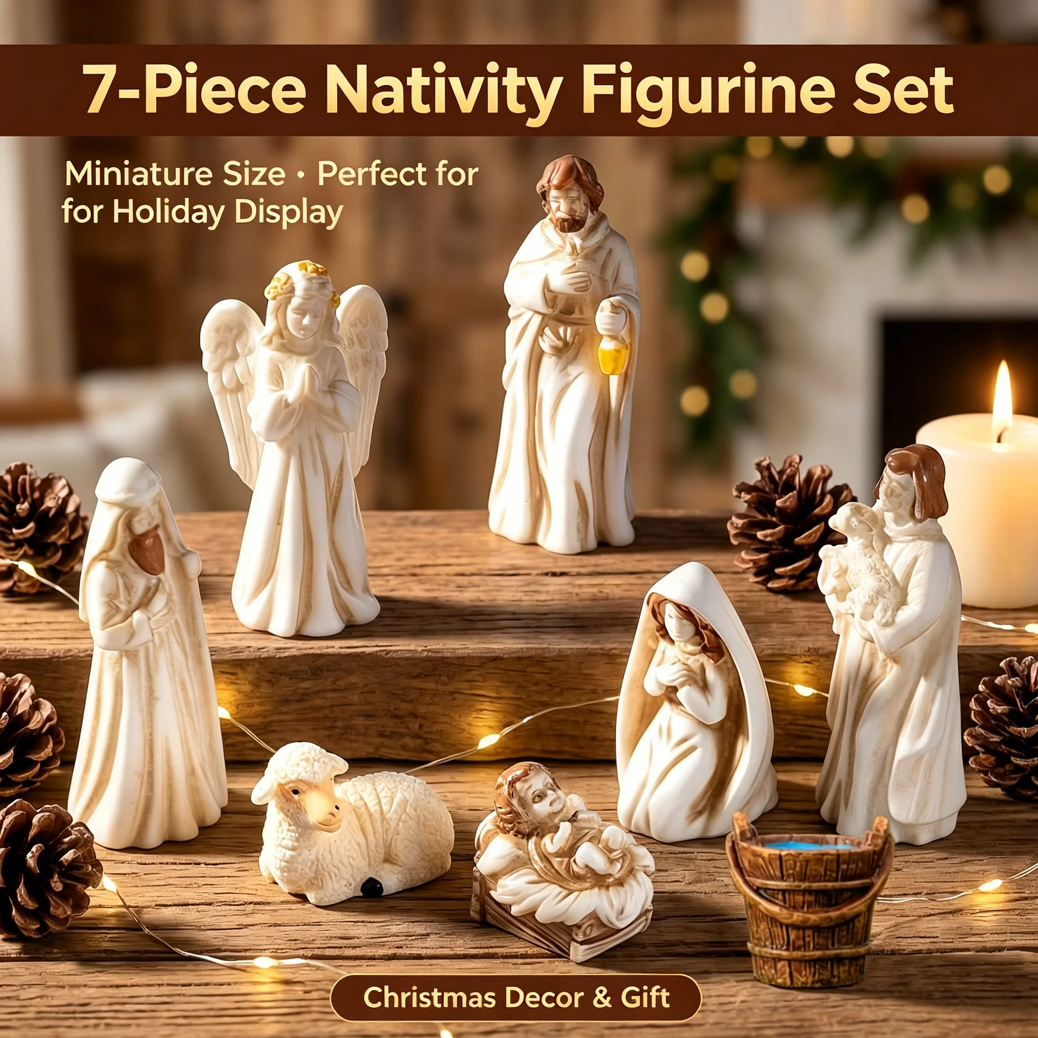 Christmas Nativity Set 7Pcs Collector's Edition Miniature Resin Figurines Holiday Tabletop Home Party Decor Xmas Ornament Gift