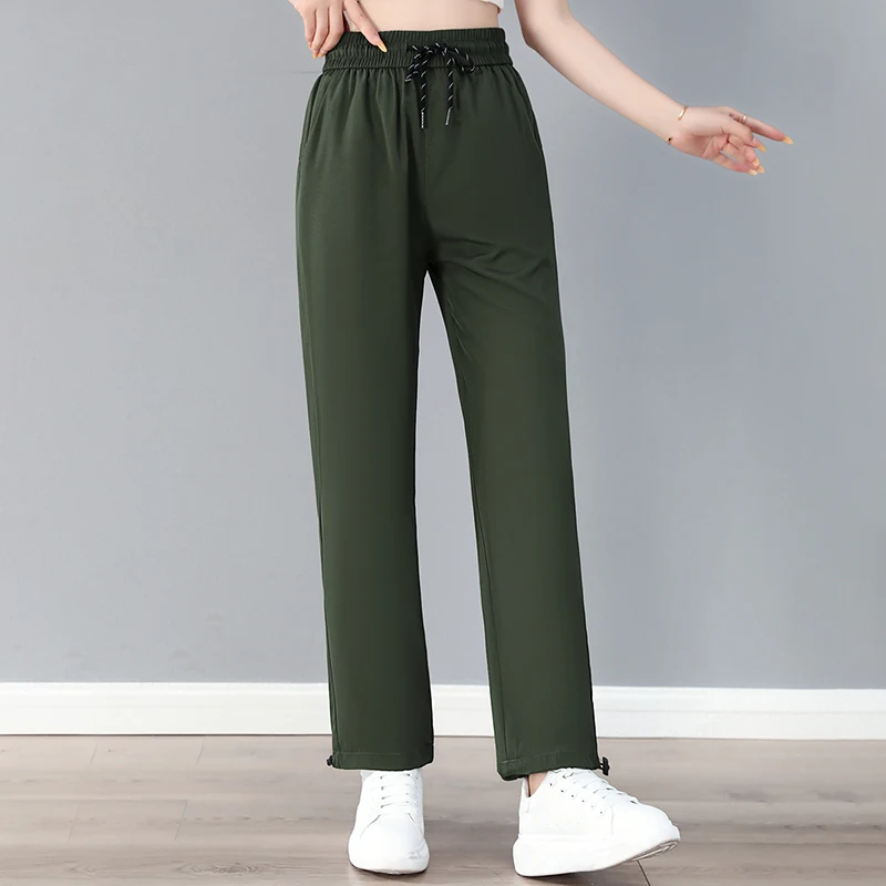 ใหม่สตรีฤดูร้อนผ้าไหมน้ําแข็งบางกางเกงเอวสูงแฟชั่นอเนกประสงค์แห้งเร็วหลวมสบายๆกีฬา 9 จุดกางเกง