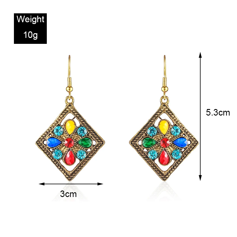 Vintage Ethnic Rhombus Rhinestone Flower Drop Earrings for Women Boho Antique Gold Color Hollow Indian Earring Jhumka Jewelry