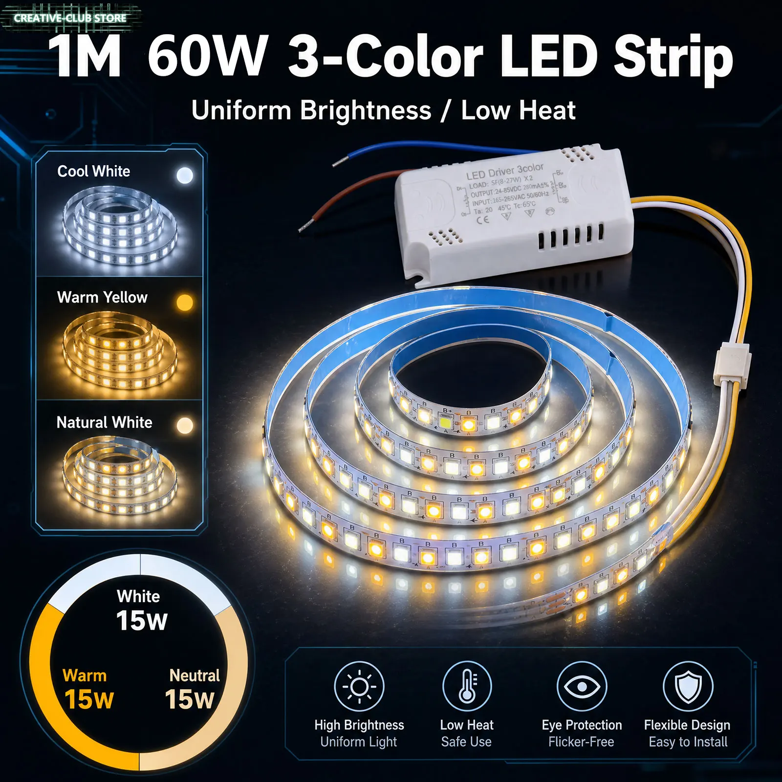 3pcs 1m LED strips 60W AC165-265V 20Wx3-colors variable light high brightness 200pcs SMD2835 Used in conjunction with the driver