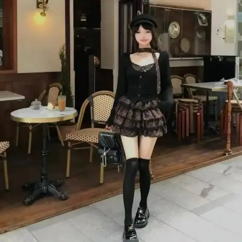 Y2k-traje nuevo Punk Retro para mujer, bufanda, Top de manga larga, faldas de pastel adelgazantes de cintura alta, conjunto de dos piezas