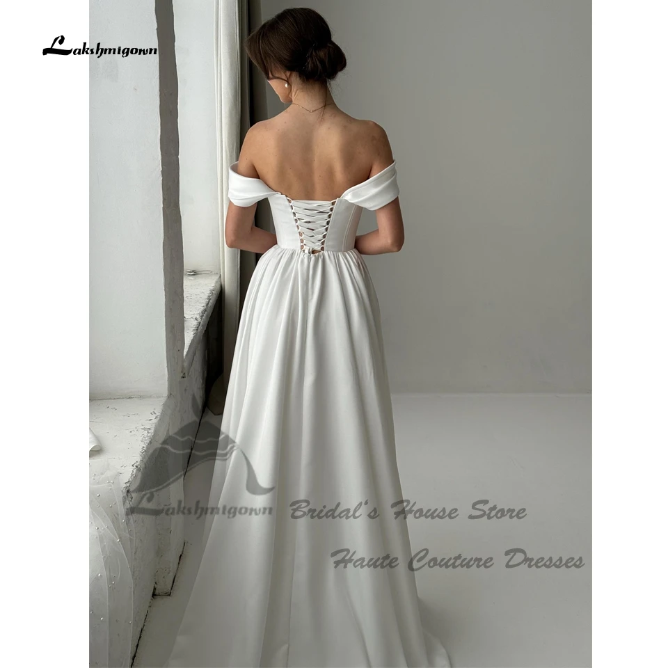 Lakshmigown Einfaches Weißes Satin A-Linien Hochzeitskleid mit Schlitz Strand 2026 Sexy Damen Korsett Brautkleider Schnürung am Rücken Maßanfertigung – Detail 5