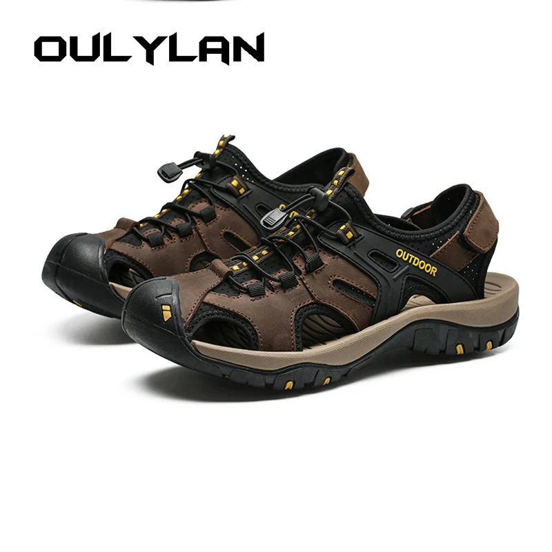 

Oulylan Men's Sandals Outdoor Non-slip Men's Beach Leather Sandals Head Layer Cowhide Men Shoes Fashion Male Sneakers