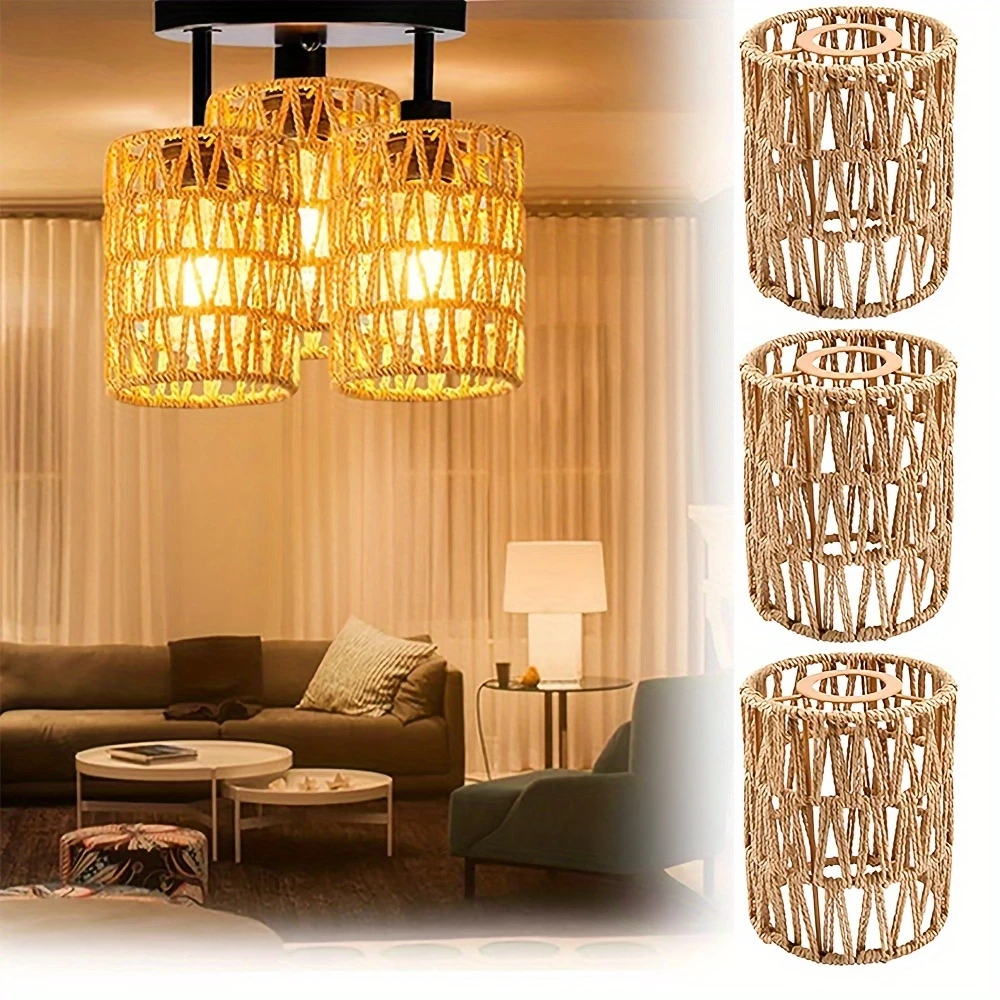 

Charming Hand-Woven Rattan Wicker Cylinder Wall Lamps-Rustic Style Semi Flush Mount Ceiling Light E27 Rattan Hanging Chandeliers