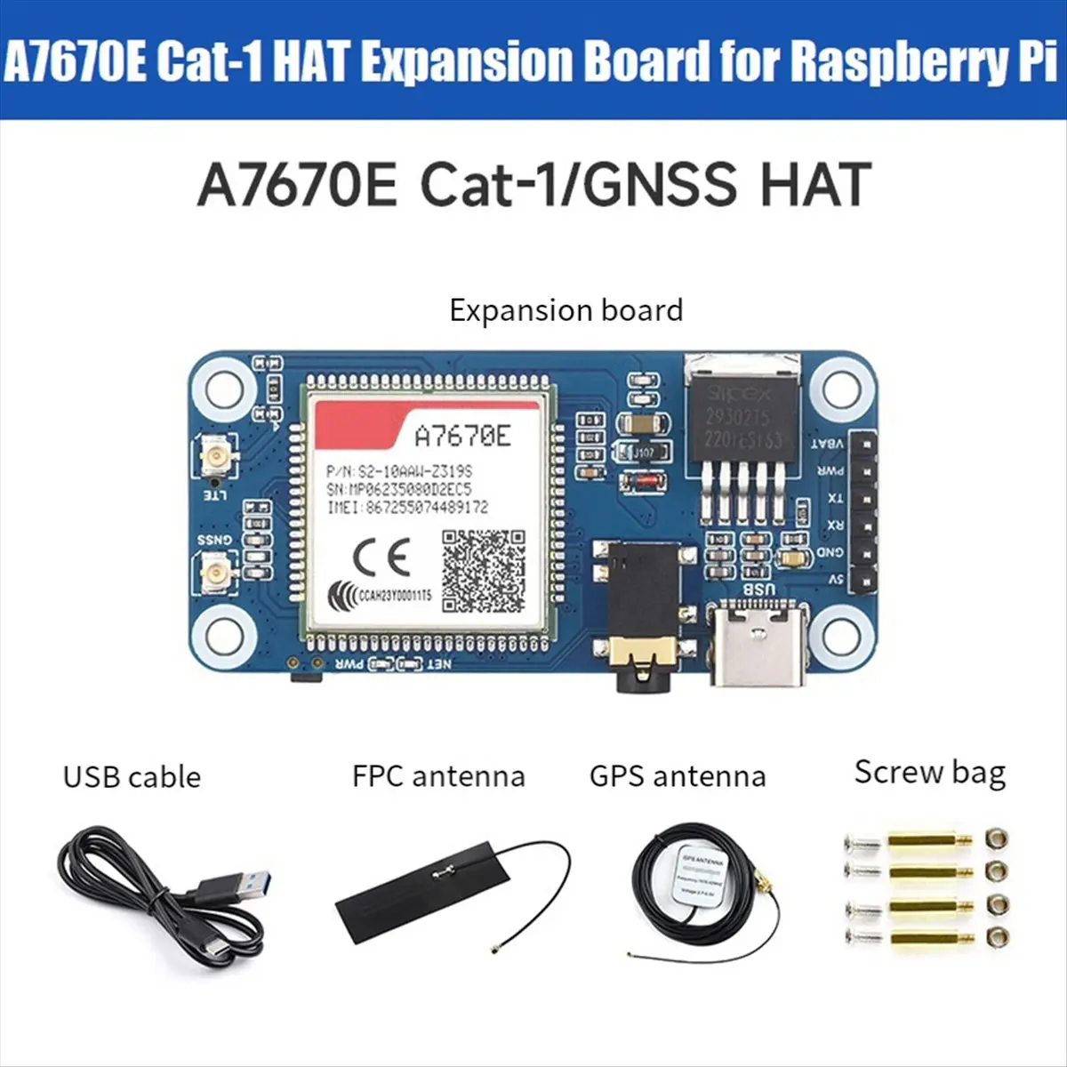 A7670E Cat-1 HAT Expansion Board for Multi Band Cat-1/GSM/GPRS/GNSS Supports LTE Cat-1/2G Network