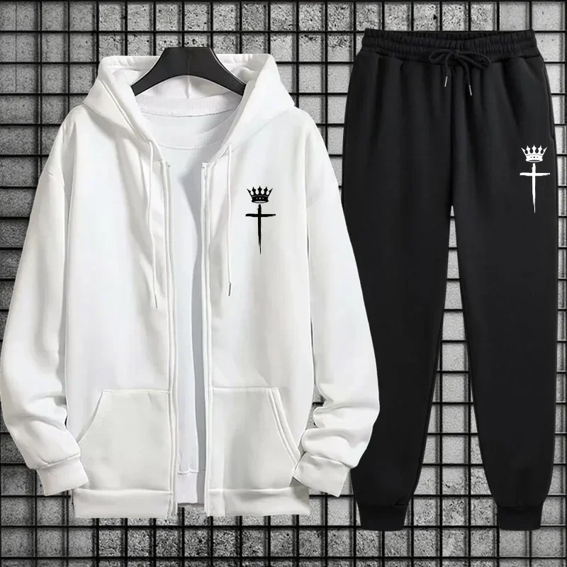 

Autumn Winter Casual Sportswear Cross Crown Print Men 2 Piece Set Zipper Hoodie and Sweatpants Urban Streetwear Tracksuit Outfit