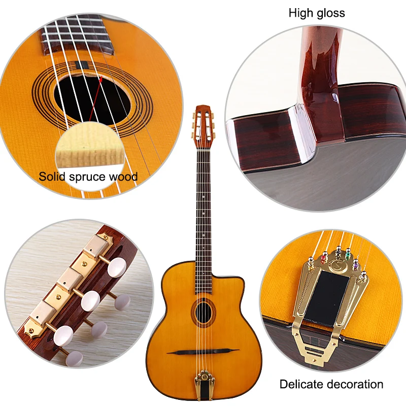 Gypsy Django Acoustic Guitar 41 Inch Solid Spruce Wood Top High Gloss 6 String Hickory Wood Folk Guitar