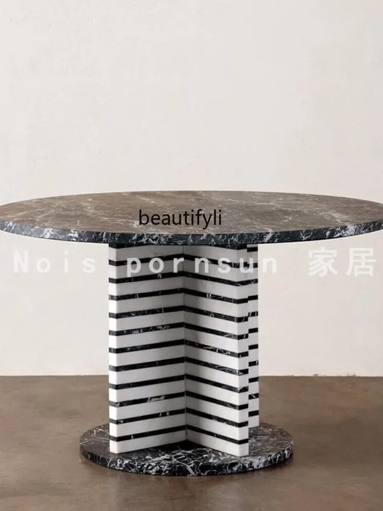 

Nordic Natural, Black Color-matching Marble Round Dining Table, Light Luxury Villa High-end Dining Table