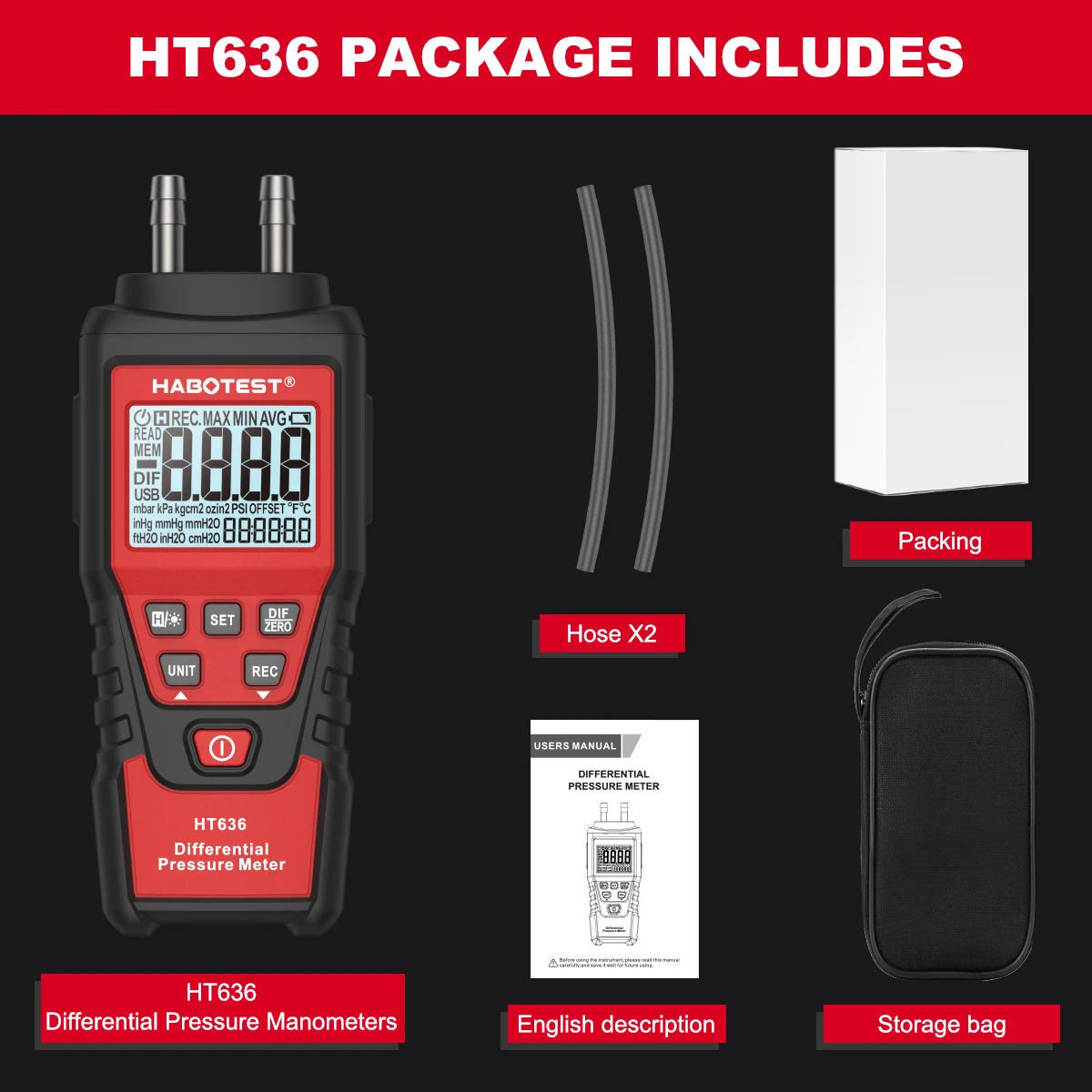 HT636 Digitales Manometer Druckmessgerät Handgehaltener Differenzdruckdetektor Luftdruck-Kit Detektor-Messgerät 12 Einheiten – Detail 14