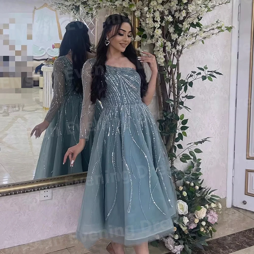 光沢のある女性の A ラインワンショルダースパンコールイブニングドレスカスタマイズされたローブ・ド・ソワレプロムドレス長袖 Vestidos Para Mujer