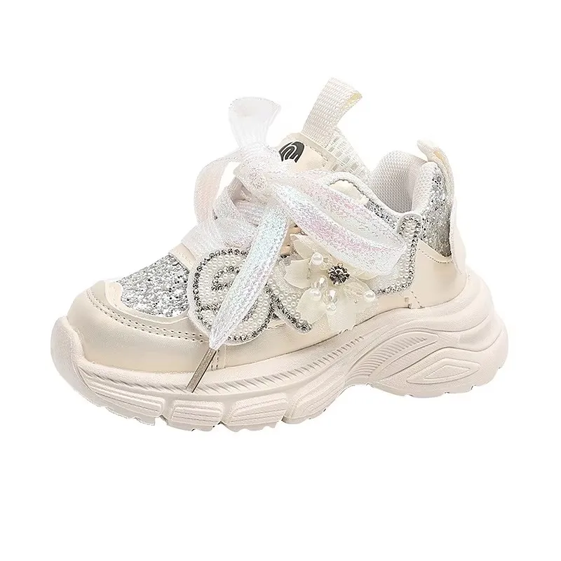 

Модная обувь для девочек, осень 2023, новые детские кроссовки с толстой подошвой и бриллиантами, простые универсальные блестящие повседневные туфли для девочек, теннис