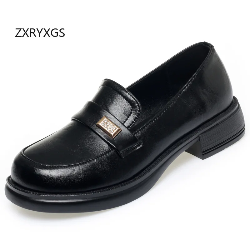 

ZXRYXGS элегантные темпераментные женские туфли из натуральной кожи, новые женские туфли на низком каблуке, новинка 2025, весенние удобные туфли для вождения, большой размер