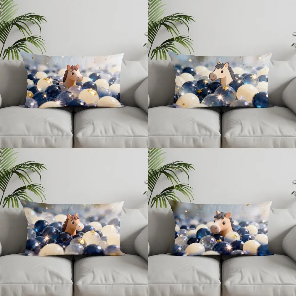 Cojín Decorativo 2D con Diseño de Caballo Flotando en Piscina de Bolas, Apto para Sofá, Dormitorio, Coche, Funda de Almohada, Cojín Rectangular para Respaldo