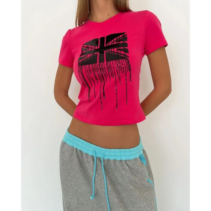 American punk trend round neck short T-shirt Y2K women's slim street wind sequins splicing high street slim short top.