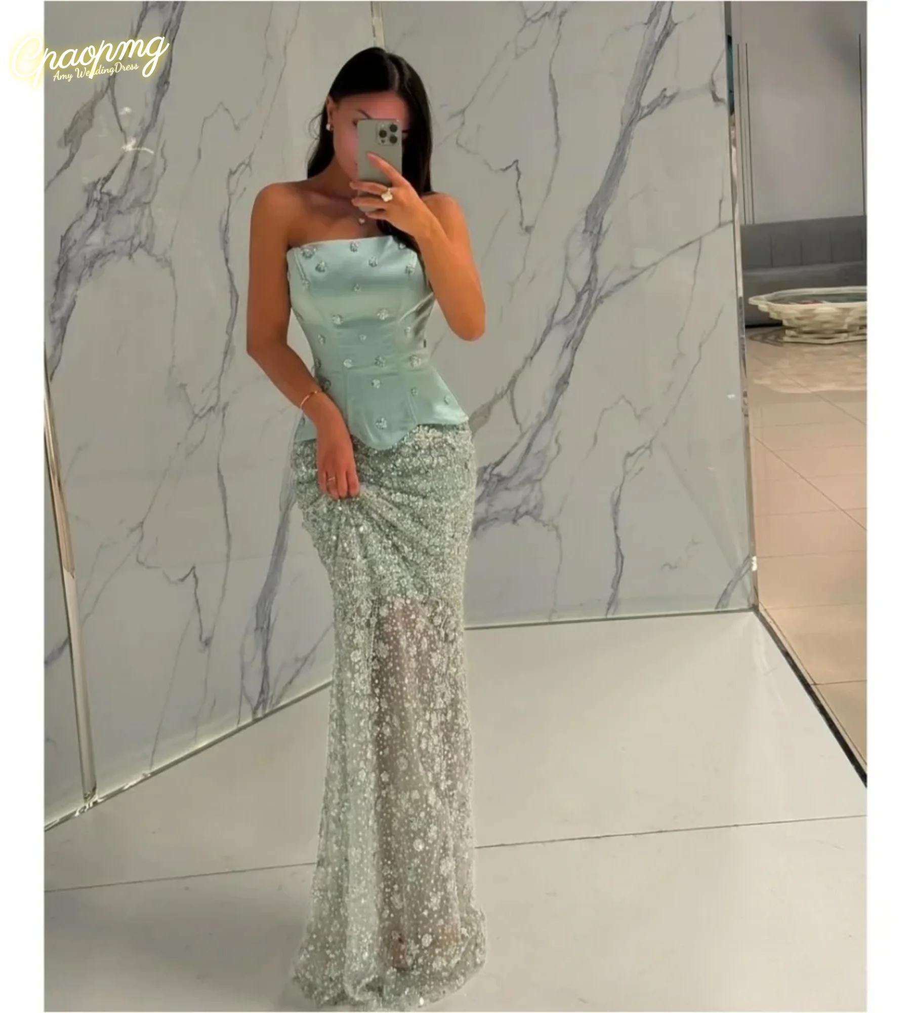 

Зеленые вечерние платья русалки с бисером на заказ, без бретелек, без рукавов, платья для выпускного вечера длиной до пола, свадебное платье с жемчугом