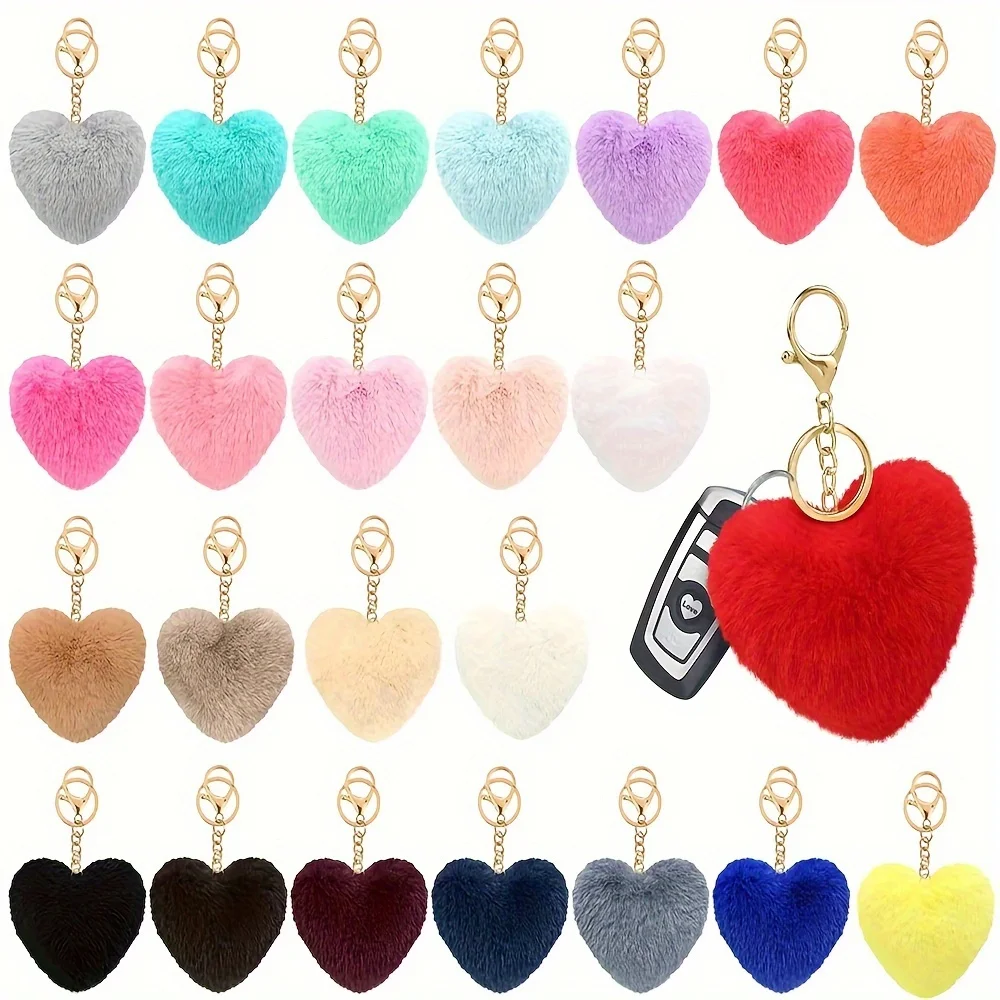 12PCS Colored Pom Pom Keychain Bulk Heart Fluffy Fur Puff Ball Key for Women Key Chain Love Keyring