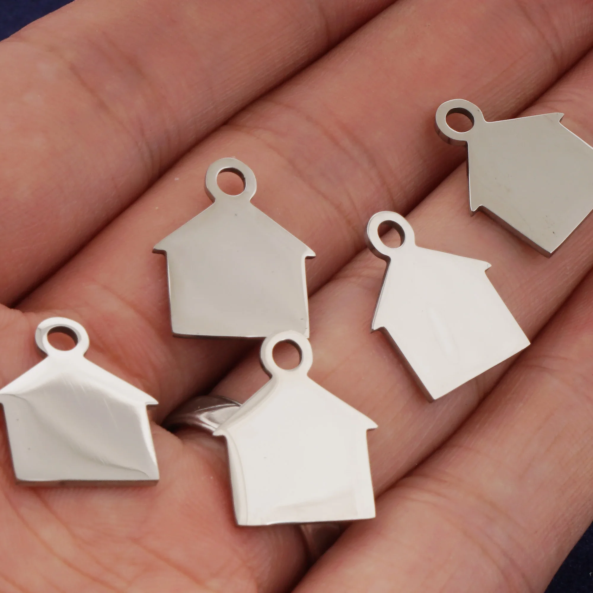 10Pcs Mirror House Shape Stainless Steel Pendant Engravable Address Pet Tag Anti-lost Keychain Charm Accessories,5/8*9/16