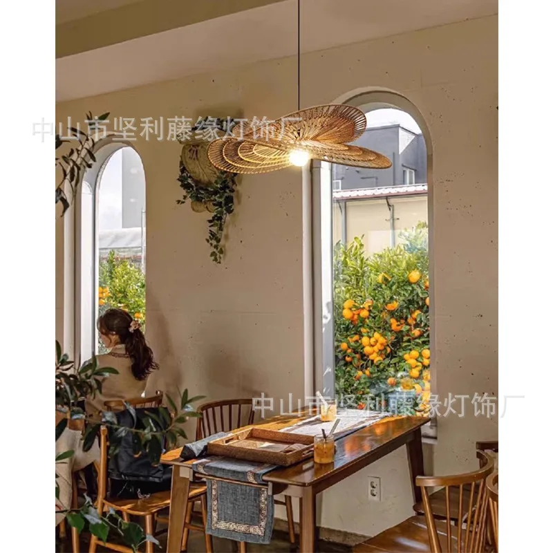 Cross-border rattan art chandelier wabi sandy wind bamboo weaving creative living room dining chandelier homestay rattan