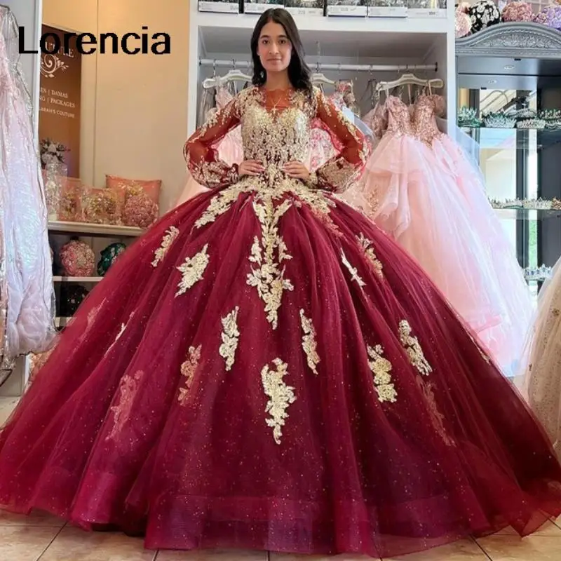 

Lorencia Бургундия бальное платье Quinceanera платье Золотой кружево Аппликация пышные с длинным рукавом мексиканское милое 16 Vestidos De 15 лет YQD600